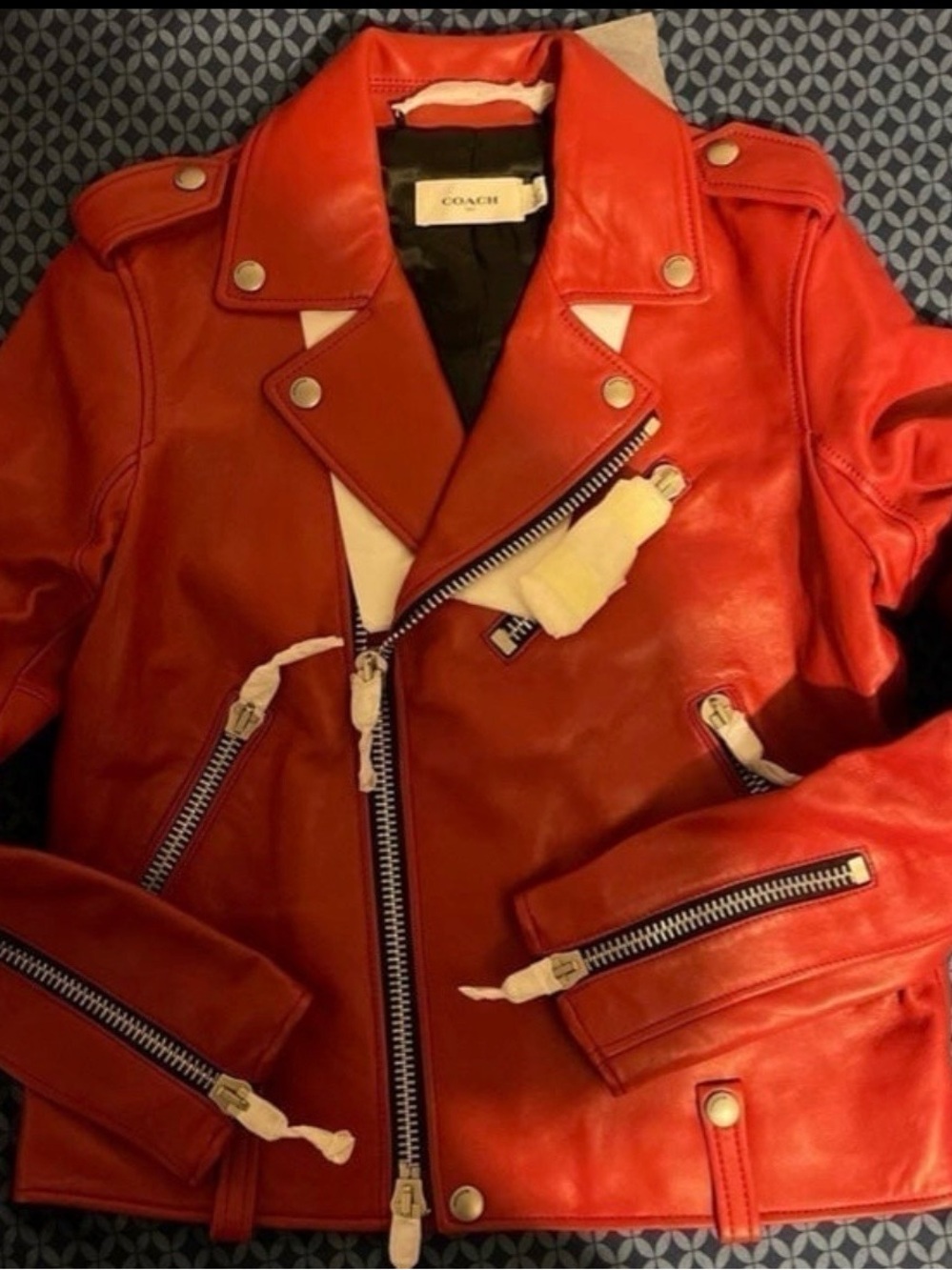 Coach Vibrant Red Leather Moto Jacket with Silver Hardware